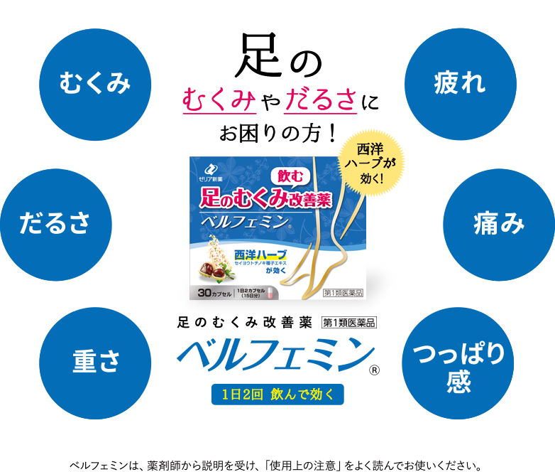 足のむくみやだるさにお困りの方！足のむくみ改善薬 ベルフェミン 第1類医薬品 1日2回飲むだけ｜ゼリア新薬